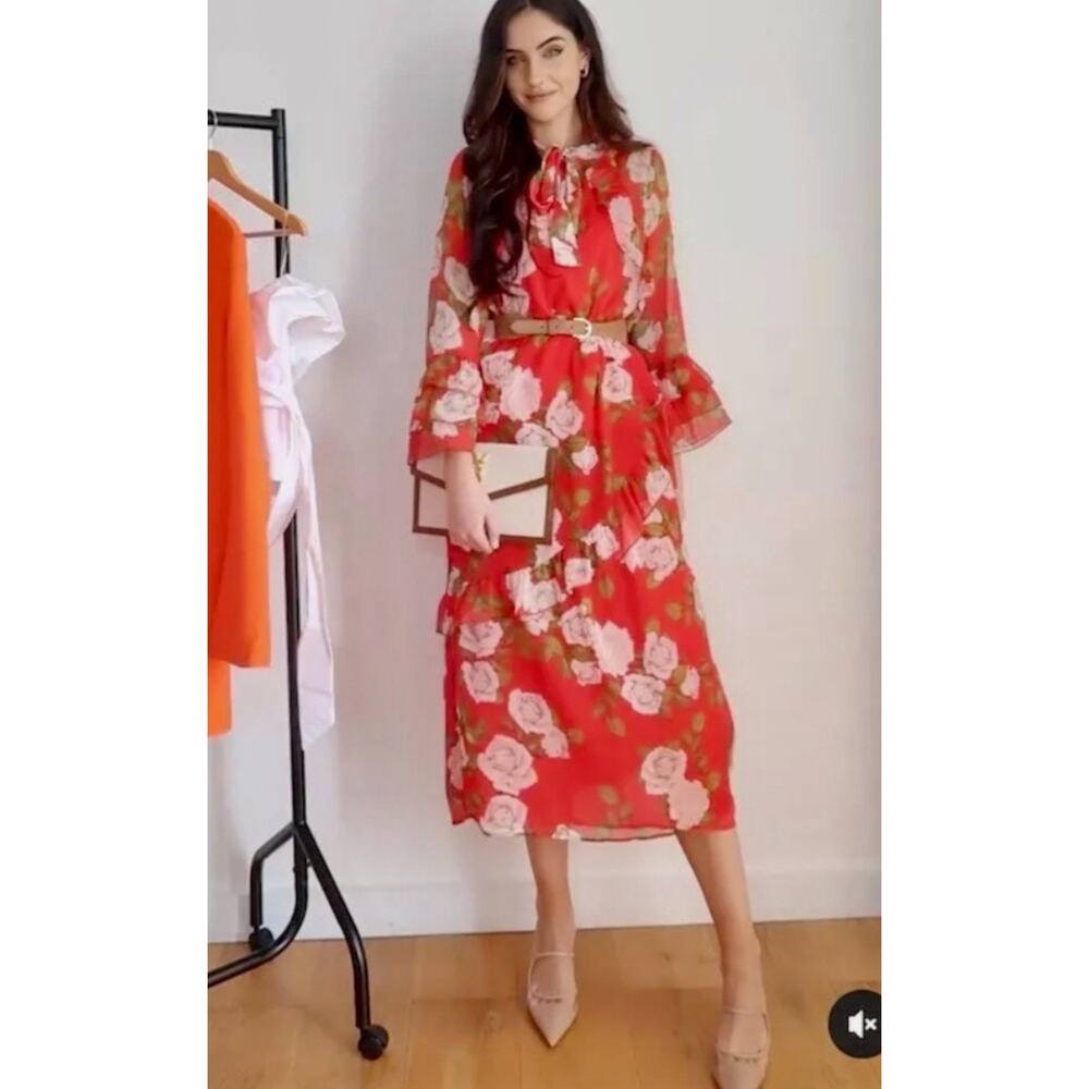 NWOT ZARA FLORAL DRESS w/ RUFFLES RED Bow Tie Open Back Woman M